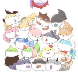 2girls ^^^ animal_ear_fluff animal_ear_headphones animal_ears animal_hood animalization ascot bear_ears bear_hood black_necktie black_ribbon blue_bow bow cape cat_ear_headphones character_request check_character chibi elu_(nijisanji) fake_animal_ears fumino_tamaki fushimi_gaku gilzaren_iii glasses hair_ornament hairclip hakutaku headphones higuchi_kaede hood horns ienaga_mugi kenmochi_touya magatama moira_(nijisanji) mononobe_alice morinaka_kazaki multiple_girls neck_ribbon necktie nijisanji no_humans pince-nez pink_bow purple_ascot purple_bow purple_necktie rabbit_ears rebecca_(keinelove) red_cape red_necktie ribbon shibuya_hajime shizuka_rin simple_background sukusuku_hakutaku suzuka_utako suzuya_aki tsukino_mito tube upside-down ushimi_ichigo virtual_youtuber white_background x_hair_ornament yuuhi_riri yuuki_chihiro