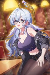 1girl buttons cleavage_cutout clothing_cutout coat collarbone crop_top green_eyes halo head_wings highres honkai:_star_rail honkai_(series) light_bulb light_particles long_hair looking_at_viewer multicolored_eyes navel off_shoulder pantyhose restaurant robin_(honkai:_star_rail) semi-circular_eyewear wings zeethienix