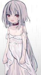 1girl bare_shoulders blunt_bangs clothes_grab collar collarbone cowboy_shot dress fangs grey_hair hair_down highres long_hair makaino_ririmu makaino_ririmu_(3rd_costume) multicolored_hair nijisanji pointy_ears rain red_collar red_eyes red_hair see-through_clothes simple_background sleeveless sleeveless_dress smile solo standing strap_slip streaked_hair sundress virtual_youtuber water_drop wet wet_clothes wet_dress wet_hair white_background white_dress