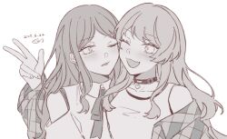 Rule 34 | 2girls, bang dream!, bang dream! it&#039;s mygo!!!!!, blush, bra strap, chihaya anon, choker, clothing cutout, commentary request, dated, fang, greyscale, heart, heart choker, highres, long hair, long sleeves, monochrome, multiple girls, nagasaki soyo, one eye closed, open mouth, shoulder cutout, sidelocks, simple background, skin fang, tank top, upper body, w, white background, yuyuyang0402