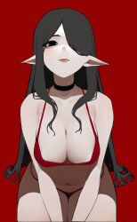 1girl absurdres anemoneeanemone bare_arms bare_shoulders bikini black_choker black_eyes black_hair borrowed_character breasts choker cleavage collarbone hair_over_one_eye highres large_breasts leaning_forward licorice_(justadrian) long_hair long_pointy_ears looking_at_viewer navel no_pupils one_eye_covered original pale_skin pointy_ears red_bikini red_eyes simple_background solo swimsuit very_long_hair