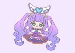 Rule 34 | 1girl, absurdly long hair, aqua eyes, asymmetrical dress, bare shoulders, blue scrunchie, blunt bangs, bow, bowtie, brooch, chibi, closed mouth, commentary, cure majesty, dot nose, dress, ellee-chan, eyelashes, frilled dress, frills, gloves, gradient hair, hair ornament, hair scrunchie, hairband, happy, heart, heart hair ornament, heart print, hirogaru sky! precure, ichigo usuhana, jewelry, light blush, long dress, long hair, looking at viewer, magical girl, mary janes, multicolored hair, outstretched arms, pantyhose, pink hairband, precure, purple background, purple bow, purple bowtie, purple dress, purple hair, purple shoes, purple theme, scrunchie, shoes, simple background, sleeveless, sleeveless dress, smile, solo, star (sky), star (symbol), star hair ornament, tareme, two side up, very long hair, wavy hair, white gloves, white pantyhose, winged heart