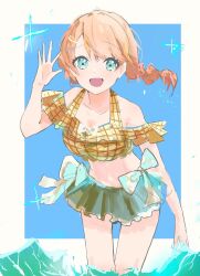 Rule 34 | 1girl, :d, aqua eyes, bikini, bikini skirt, blue background, blue bikini, braid, breasts, cleavage, collarbone, comiket 106, commentary, feet out of frame, highres, hinoshita kaho, hinoshita kaho (c106 swimsuit), link! like! love live!, looking at viewer, love live!, low twin braids, mismatched bikini, off-shoulder bikini, off shoulder, official alternate costume, open mouth, orange hair, outside border, simple background, smile, solo, sparkle, stomach, swimsuit, twin braids, virtual youtuber, wading, yellow bikini, zen66574227
