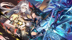 2girls ahoge animal_ear_fluff animal_ears arm_out_of_sleeve asymmetrical_gloves black_gloves black_hair black_necktie black_shorts breasts closed_mouth collar collared_shirt commentary_request drawing_sword elbow_gloves eye_contact faceoff fingerless_gloves fox_ears fox_girl gauntlets gloves hair_ornament high-waist_shorts highres holding holding_sword holding_weapon hoshimi_miyabi id_card jacket katana large_breasts long_hair looking_at_another multiple_girls necktie neko_(yanshoujie) parted_lips scabbard sheath shirt shorts single_elbow_glove single_fingerless_glove single_gauntlet single_hair_intake smile sword uneven_gloves unsheathing very_long_hair weapon white_collar white_hair white_shirt yellow_eyes yellow_jacket yixuan_(zenless_zone_zero) zenless_zone_zero