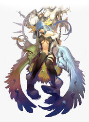 1girl artist_name asymmetrical_wings bare_shoulders blue_hair bow breasts center_opening chain david_semsei dizzy_(guilty_gear) foreshortening guilty_gear guilty_gear_x guilty_gear_xx hair_bow long_hair navel necro_(guilty_gear) photoshop_(medium) ribbon sitting solo tail tail_ornament tail_ribbon thighhighs twintails underboob undine_(guilty_gear) wings