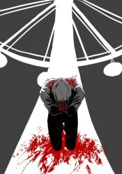 1boy blood blood_on_clothes blood_on_ground blood_on_hands blood_splatter commentary_request covering_face facing_viewer full_body gamedaeha gregor_(project_moon) grey_hair hair_slicked_back horizontal_spotlight kneeling korean_commentary la_manchaland_(identity)_(project_moon) limbus_company male_focus partially_colored praying project_moon silhouette solo striped_clothes torn_clothes