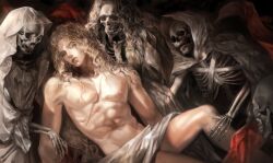 1boy 3others abs alternate_costume alucard_(castlevania) attra_gonnadie bare_pectorals bed_sheet blonde_hair castlevania_(netflix) castlevania_(series) cloak fangs hand_on_another&#039;s_leg hand_on_another&#039;s_thigh highres hood hood_up hooded_cloak long_hair looking_at_viewer male_focus multiple_others muscular muscular_male naked_sheet nipples nude parted_lips pectorals ribs scar scar_on_chest skeleton skull topless_male wavy_hair