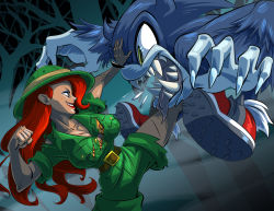 1boy 1girl adventures_of_sonic_the_hedgehog alternate_costume animal_print battle belt breasts claws clenched_hand cuts dark_skin eric_toner eyeshadow freckles green_eyes grin hair_over_one_eye hat incoming_attack incoming_punch injury jacket katella_the_huntress kicking large_breasts leopard_print lipstick long_hair makeup punching red_hair safari_hat safari_jacket sega sharp_teeth shorts smile sonic_(series) sonic_the_hedgehog sonic_the_werehog sonic_unleashed teeth torn_clothes werehog
