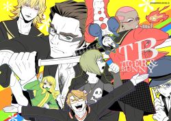 2girls 6+boys amagi_yukiko amagi_yukiko_(cosplay) antonio_lopez atlus bad_id bad_pixiv_id barnaby_brooks_jr. bespectacled bike_shorts blonde_hair blush cabbie_hat chest_hair cosplay crossdressing glasses hanamura_yousuke hanamura_yousuke_(cosplay) hand_fan hat high_kick houndstooth huang_baoling ivan_karelin kaburagi_t._kotetsu karina_lyle keith_goodman kicking kujikawa_rise kujikawa_rise_(cosplay) kuma_(persona_4) kuma_(persona_4)_(cosplay) kuroko multiple_boys multiple_girls narukami_yu_(cosplay) narukami_yu nathan_seymour one_eye_closed outstretched_arms pantyhose persona persona_4 pink_hair satonaka_chie satonaka_chie_(cosplay) shirogane_naoto shirogane_naoto_(cosplay) sword tatsumi_kanji tatsumi_kanji_(cosplay) thumbs_up tiger_&amp;_bunny weapon wink