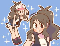 1girl arm_up baseball_cap black_boots blue_background blue_eyes blue_shorts blush boots breasts brown_hair closed_mouth denim denim_shorts hand_on_own_leg hat highres hilda_(pokemon) looking_at_viewer medium_breasts nintendo open_mouth pokemon pokemon_bw short_shorts shorts simple_background smile sofo_soup solo