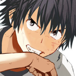 1boy a_certain_high_school_gym_uniform black_hair clenched_teeth grey_eyes gym_shirt hair_between_eyes hand_up kamijou_touma looking_at_viewer portrait shirt short_hair solo spiked_hair sweat teeth toaru_majutsu_no_index translated v-shaped_eyebrows white_background white_shirt zang
