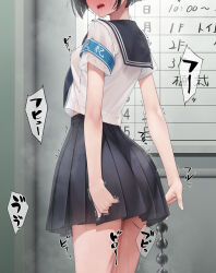 anal_beads black_hair black_neckerchief blush breasts clothes_lift clothing_aside collared_shirt covered_erect_nipples green_eyes highres looking_at_viewer medium_hair midriff_peek murakami_suigun neckerchief original panties pleated_skirt pussy_juice sailor_collar school_uniform serafuku sex_toy shirt shirt_overhang skirt small_breasts solo standing underwear white_panties white_shirt
