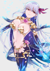 1girl armlet armor bikini_armor blue_hair blue_skin breasts cleavage collar colored_inner_hair colored_skin earrings fate/grand_order fate_(series) flower gradient_skin hair_ribbon jewelry kama_(fate) kama_(third_ascension)_(fate) large_breasts long_hair looking_to_the_side lotus metal_collar multicolored_hair navel parted_lips ponoe_poi red_eyes ribbon solo thighlet thighs two-tone_hair white_hair