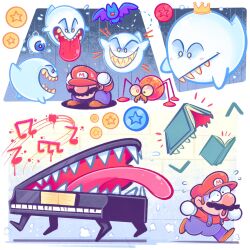 1boy blue_overalls book bookend_(mario) brown_hair commentary crown english_commentary eyeball facial_hair fleeing ghost gloves hat highres instrument king_boo long_sleeves mad_piano mario mario_(series) mostlyghostly mr._i mustache nintendo open_mouth overalls piano possessed red_coin red_shirt scared scuttlebug sharp_teeth shirt shoes short_hair smile super_mario_64 super_mario_64_ds swoop_(mario) teeth tongue tongue_out white_gloves