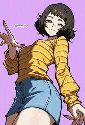 1girl absurdres artist_name black_hair blue_skirt blush brown_eyes commentary english_commentary highres kawakami_sadayo komatsuki_n long_sleeves nose_blush persona persona_5 photoshop_(medium) purple_background shirt short_hair simple_background skirt smile solo twitter_username yellow_shirt