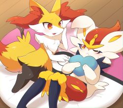 2girls :&lt; :3 animal_ear_fluff animal_ears animal_feet animal_nose black_fur blush body_fur braixen bright_pupils chromatic_aberration cinderace closed_mouth eye_contact fang female_focus flat_chest fox_ears fox_girl fox_tail from_above full_body furry furry_female gen_6_pokemon gen_8_pokemon half-closed_eye hand_up hands_up happy head_rest heart heart-shaped_pillow highres holding holding_pillow knees_together_feet_apart knees_up legs_together looking_at_another looking_to_the_side love_ball lying multiple_girls neck_fur nervous nintendo on_back on_side one_eye_closed open_mouth pillow poke_ball poke_ball_theme pokemon pokemon_(creature) rabbit_ears rabbit_girl rabbit_tail red_eyes red_fur red_hair rug short_hair sideways_mouth smile snout stick subaru331 sweat tail white_fur white_pupils wooden_floor yellow_fur