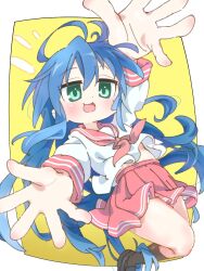 1girl :3 ahoge black_shoes blue_hair blush border brown_socks commentary dot_nose floating_clothes green_eyes hair_between_eyes highres izumi_konata kneehighs loafers long_hair long_sleeves looking_at_viewer lucky_star midriff_peek miniskirt mole mole_under_eye neckerchief open_hands open_mouth outside_border outstretched_arms palms pleated_skirt reaching reaching_towards_viewer red_neckerchief red_sailor_collar red_skirt ryouou_school_uniform sailor_collar sailor_shirt school_uniform serafuku shinshin_(ssnsn_oekaki) shirt shoes sidelocks skirt smile socks solo spread_fingers very_long_hair white_border white_shirt yellow_background