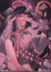 1girl angel angel_wings black_hair columbina_(genshin_impact) feathered_wings genshin_impact hair_ribbon head_wings highres ichigoh long_hair looking_at_viewer multicolored_hair pink_hair pink_theme ribbon solo unfinished wings