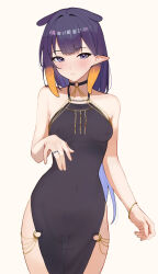 1girl absurdres alternate_costume blush bracelet breasts covered_erect_nipples female_pubic_hair gluteal_fold heart-shaped_pubic_hair highres hololive hololive_english jewelry ku_roiko long_hair meme_attire modakawa_dress navel ninomae_ina&#039;nis nipples orange_hair pointy_ears pubic_hair purple_eyes purple_hair pussy ring see-through_clothes shaped_pubic_hair sidelocks simple_background small_breasts solo tentacle_hair virtual_youtuber white_background