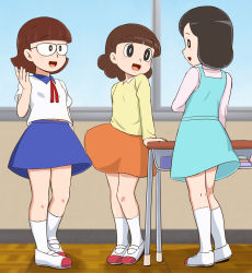 Rule 34 | 3girls, arm support, black eyes, black hair, blue skirt, blunt bangs, bob cut, brown hair, classroom, desk, doraemon, etsuko (doraemon), eyelashes, female focus, glasses, goldmondsel, highres, indoors, light blue dress, medium hair, miniskirt, multiple girls, nakamura (doraemon), no sclera, orange skirt, school, school desk, shoes, short hair, skirt, smile, socks, swept bangs, tachibana (doraemon), thighs, uwabaki, white socks, window