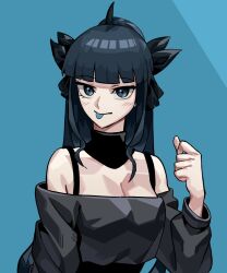 artemis_of_the_blue atelier_live bare_shoulders black_shirt blue_background blue_eyes blue_hair blue_tongue blunt_bangs blush colored_tongue dark_blue_hair detached_collar hair_ribbon highres hjjeon02 long_hair looking_at_viewer off_shoulder ponytail ribbon shark_girl shirt simple_background tongue tongue_out virtual_youtuber