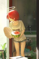 1girl absurdres angel arknights breasts chinese_commentary clothes_writing collarbone commentary_request denim denim_shorts exusiai_(arknights) food fruit grey_shirt halo highres holding holding_food holding_fruit holding_watermelon huajiannya indoors looking_to_the_side no_wings orange_eyes plant potted_plant red_hair shirt short_hair shorts small_breasts solo watermelon