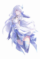 Rule 34 | 1girl, absurdres, adjusting hair, black shirt, blue skin, breasts, butterfly hair ornament, colored extremities, colored skin, commentary request, crystal skin, dress, frown, genshin impact, hair ornament, hand up, haru same322, highres, long hair, looking at viewer, medium breasts, outside border, parted lips, pink eyes, shirt, skirk (genshin impact), solo, thighs, undershirt, very long hair, white background, white dress