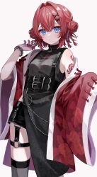 Rule 34 | 1girl, absurdres, ange katrina, ange katrina (7th costume), arm tattoo, belt, blue eyes, chain, chain bracelet, closed mouth, commentary, dot nose, double bun, hair bun, hair ornament, highres, light frown, medium hair, myon rio, nijisanji, o-ring, official alternate costume, red hair, simple background, solo, symbol-only commentary, tattoo, virtual youtuber, white background, x hair ornament