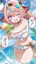 1girl aqua_streaks artist_name bikini blue_sky bow bow_bikini breasts bright_pupils collarbone commentary_request day dutch_angle fang frilled_bikini frills genshin_impact heart highres holding holding_water_gun horns jpeg_artifacts kitahara_tomoe_(kitahara_koubou) large_breasts long_hair multicolored_hair navel neck_tattoo ocean one_eye_closed open_mouth outdoors outstretched_arms pink_hair purple_eyes skin_fang sky smile solo speech_bubble splashing stomach streaked_hair swimsuit tattoo translated varesa_(genshin_impact) wading water water_gun white_bikini white_pupils