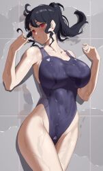 1girl absurdres black_hair black_one-piece_swimsuit breasts chinese_commentary commentary_request competition_swimsuit covered_navel from_above groin highres jilu large_breasts long_hair looking_at_viewer lying on_floor one-piece_swimsuit original puddle red_eyes solo standing swimsuit tile_floor tiles two-tone_swimsuit wet wet_clothes wet_swimsuit