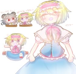 2girls algodoo alice_margatroid animal_ears blonde_hair blue_eyes boots brown_boots capelet chibi closed_eyes cookie_(touhou) cowboy_shot dress frilled_capelet frilled_hairband frilled_sash frills grey_hair hairband harukuru0620 ichigo_(cookie) mouse_ears mouse_girl mouse_tail multiple_girls multiple_views nazrin neckerchief nyon_(cookie) open_mouth pink_hairband pink_neckerchief pink_sash puffy_short_sleeves puffy_sleeves red_eyes sash shirt short_hair short_sleeves simple_background sleeveless sleeveless_dress smile tail touhou translation_request white_background white_capelet white_shirt
