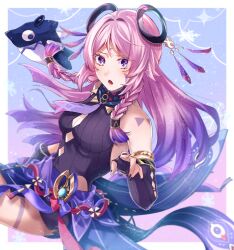 1girl arm_markings black_leotard black_nails blunt_tresses braid breasts citlali_(genshin_impact) cleavage cleavage_cutout clothing_cutout commentary_request detached_sleeves facial_mark floating_hair floating_headgear forehead_mark genshin_impact headgear itzpapa_(genshin_impact) leotard long_hair looking_at_viewer mady_(madine08260) medium_breasts nail_polish open_mouth partial_commentary pink_hair pink_pupils pointing pointing_at_viewer purple_eyes purple_sarong ring_hair_ornament sarong sleeve_belt sleeveless_turtleneck_leotard snowflakes solo triangle triangle_facial_mark twin_braids very_long_hair vision_(genshin_impact)