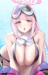 1girl absurdres bare_shoulders bikini black_bikini blue_archive blush breasts cleavage crimecrime eimi_(blue_archive) eimi_(swimsuit)_(blue_archive) goggles goggles_on_head halo high_ponytail highres jacket large_breasts long_hair long_sleeves looking_at_viewer off_shoulder open_clothes open_jacket open_mouth pink_hair pink_jacket ponytail purple_eyes scarf sidelocks ski_goggles solo swimsuit white_scarf