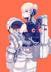 1girl absurdres astronaut blonde_hair blue_eyes english_text from_behind headset highres looking_at_viewer looking_back orange_background original removing_spacesuit russian_flag short_hair sidelocks simple_background solo spacesuit wei_xin