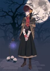 1girl ascot bare_tree black_skirt bonnet boots brooch brown_eyes brown_hair classicaloid closed_mouth commentary doll_joints full_body full_moon hair_ornament hairclip highres jewelry joints lace-up_boots long_skirt long_sleeves moon night otowa_kanae red_ascot red_bonnet sf_jd shawl short_hair skirt sleeves_past_wrists solo symbol-only_commentary tree
