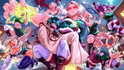 Rule 34 | 1boy, 6+girls, absurdres, angry, bakugou mitsuki, blonde hair, boku no hero academia, bound, bound wrists, breasts, burnin (boku no hero academia), chair, christmas, city, cityscape, cleavage, clenched teeth, dragon girl, dragon wings, dress, elbow gloves, fiery hair, folding chair, gagged, giant, giantess, gloves, glowing, glowing eye, green dress, highres, ippan josei, lady nagant, large breasts, leotard, long hair, midoriya izuku, midriff, mirko, mount lady, multiple girls, muscular, muscular female, open mouth, red eyes, restrained, ryuukyuu, sack, short dress, short hair, smile, snow, striped clothes, striped thighhighs, teeth, thighhighs, vlizz, wings