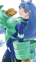Rule 34 | 1girl, absurdres, blue bodysuit, blue eyes, blue hair, blush, bodysuit, boku no hero academia, breasts, commentary request, drill hair, fengling (furin-jp), from side, gloves, green bodysuit, hado nejire, hair horns, highres, large breasts, long hair, looking at viewer, multicolored bodysuit, open mouth, sideboob, simple background, skin tight, solo, superhero costume, twin drills, very long hair, white background, yellow gloves