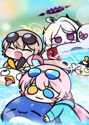 3girls absurdres ahoge blue_archive blush blush_stickers crown eyewear_on_head halo heterochromia hifumi_(blue_archive) hifumi_(swimsuit)_(blue_archive) highres hina_(blue_archive) hina_(swimsuit)_(blue_archive) holding_floatie hoshino&#039;s_whale hoshino_(blue_archive) hoshino_(swimsuit)_(blue_archive) huge_ahoge inflatable_armbands inflatable_toy inflatable_whale multiple_girls peroro_(blue_archive) pink_hair pink_halo pool purple_crown purple_eyes purple_halo sunglasses water white_hair yellow_halo zzul0714