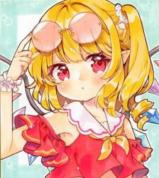 Rule 34 | 1girl, adjusting eyewear, alternate costume, bare shoulders, blonde hair, blue background, clothing cutout, commentary request, eyewear on head, flandre scarlet, hand on eyewear, looking at viewer, marker (medium), mimi (mimi puru), neckerchief, one side up, pink-tinted eyewear, pointy ears, red eyes, red nails, red shirt, shirt, shoulder cutout, solo, sunglasses, tinted eyewear, touhou, traditional media, upper body, wrist cuffs, yellow neckerchief