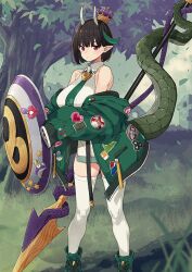 1girl bare_shoulders biscione_(fate) biscione_(second_ascension)_(fate) black_hair blunt_bangs bob_cut boots breasts buttons closed_mouth coat collared_shirt crown dot_mouth dragon_girl dragon_horns dragon_tail expressionless fate/grand_order fate_(series) feet_out_of_frame game_cg green_boots green_coat green_necktie green_tail holding holding_polearm holding_shield holding_weapon holding_with_tail horns imigimuru large_breasts legs_apart long_pointy_ears looking_at_viewer mini_crown miniskirt necktie off_shoulder official_art open_clothes open_coat pointy_ears polearm prehensile_tail red_eyes shield shirt short_hair side_slit single_hair_streak skirt sleeveless sleeveless_shirt sleeves_past_wrists solo spear standing tail thighhighs third-party_source variant_set weapon white_horns white_shirt white_skirt white_thighhighs wing_collar