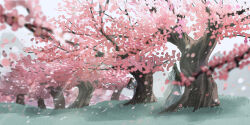 2boys black_hair black_hanfu chinese_clothes falling_petals grass hair_ribbon hanfu headband high_ponytail lan_wangji long_hair long_sleeves modao_zushi multiple_boys nature outdoors petals pink_petals ponytail red_ribbon red_sash ribbon sash standing topknot tree wei_wuxian white_hanfu white_headband wide_sleeves xianduguaitan