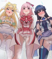 3girls black_hair blonde_hair blue_thighhighs bow bow_panties breasts clothes_lift commentary_request commission dress dress_lift fujisawa_yuzu garter_straps green_eyes highres hoshizaki_akari large_breasts lifting_own_clothes long_hair looking_at_viewer michinoku_(michino934) misumi_aoi multiple_girls ongeki panties pee peeing peeing_self peeing_together pink_eyes pink_hair purple_eyes short_hair simple_background skeb_commission small_breasts textless_version thighhighs underwear variant_set white_background white_panties white_thighhighs