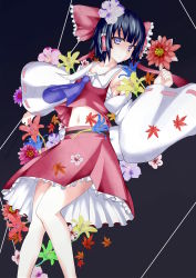 1girl absurdres bad_id bad_pixiv_id black_hair blue_eyes detached_sleeves female_focus flower hair_ribbon hakurei_reimu highres japanese_clothes miko navel plant ribbon solo takiteru touhou