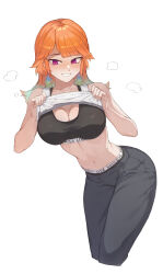 1girl absurdres alternate_costume black_pants black_sports_bra breasts cleavage clothes_lift collarbone earrings feather_earrings feathers gradient_hair grin highres hololive hololive_english iver_(reviolet) jewelry large_breasts leaning_forward lifting_own_clothes long_hair looking_at_viewer multicolored_hair navel orange_hair pants purple_eyes shirt_lift simple_background smile solo sports_bra stomach takanashi_kiara virtual_youtuber white_background