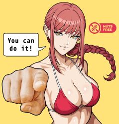 1girl bikini braid breasts chainsaw_man closed_mouth english_text highres large_breasts long_braid makima_(chainsaw_man) mikey_pie no_nut_november photo_inset pointing pointing_at_viewer red_bikini red_hair ringed_eyes simple_background single_braid solo speech_bubble swimsuit yellow_background yellow_eyes
