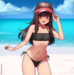 1girl beach bikini black_bikini black_nails blush breasts brown_eyes brown_hair cloud collarbone fang footprints hat kuroonehalf long_hair looking_at_viewer navel ocean open_mouth original red_hat sand sky small_breasts smile standing swimsuit visor_cap water