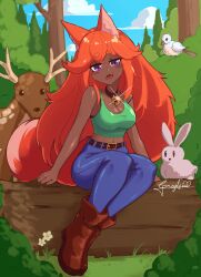 1girl :d animal_ear_fluff animal_ears artist_name bell belt bird blue_pants blue_sky blush boots breasts brown_boots bush cleavage cloud collar dark-skinned_female dark_skin deer fangs flower forest fox_ears fox_girl fox_tail grass green_shirt green_tank_top greyl1me highres jingle_bell large_breasts looking_at_viewer monster_girl nature open_mouth orange_hair pants purple_eyes rabbit shirt sitting sitting_on_log sitting_on_object sky smile tail tank_top terraria tight_clothes tight_pants tree zoologist_(terraria)