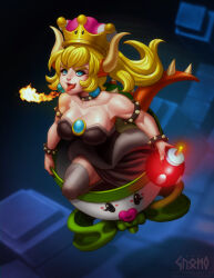 1girl absurdres bare_shoulders blonde_hair blue_eyes blurry blurry_background bob-omb bowsette bracelet breasts brick_floor brick_wall dasgnomo dress earrings evil_smile fangs fire flying highres horns jewelry koopa_clown_car large_breasts mario_(series) muscular muscular_female night nintendo open_mouth smile spiked_bracelet spikes tail tongue tongue_out