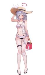 1girl absurdres adjusting_clothes adjusting_headwear alternate_costume arm_at_side arm_up asymmetrical_bangs bikini black_choker black_sandals blue_archive blush braid breasts bucket choker closed_mouth dot_mouth dot_nose eyes_visible_through_hair fanged_bangs frilled_bikini frills full_body gluteal_fold grey_eyes grey_hair hair_over_one_eye hair_over_shoulder halo hat highleg highleg_bikini highres holding holding_bucket knees_together_feet_apart kuroshiro_kanae layered_bikini long_hair looking_at_viewer navel plana_(blue_archive) red_halo ruffle_bikini sandals side_braid simple_background small_breasts solo standing strap_gap straw_hat swimsuit thigh_strap very_long_hair wavy_hair wet white_background white_bikini