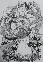 2girls absurdres anglerfish ballpoint_pen_(medium) bird blouse bouquet buttons chinese_commentary closed_mouth commentary covered_eyes diamond_button eel fern fish floral_print flower frilled_shirt_collar frilled_sleeves frills greyscale hair_ornament hair_over_eyes hairband hand_on_another&#039;s_face hat hat_ribbon heart heart_(organ) heart_button heart_hair_ornament highres holding holding_bouquet jiyouer komeiji_koishi komeiji_satori long_sleeves looking_at_viewer medium_hair monochrome multiple_girls pen_(medium) ribbon ribbon_trim rose rose_print shirt shoes siblings sisters skeleton skirt smile squid symbolism the_two_fridas thorns toucan touhou traditional_media unworn_hat unworn_headwear wide_sleeves